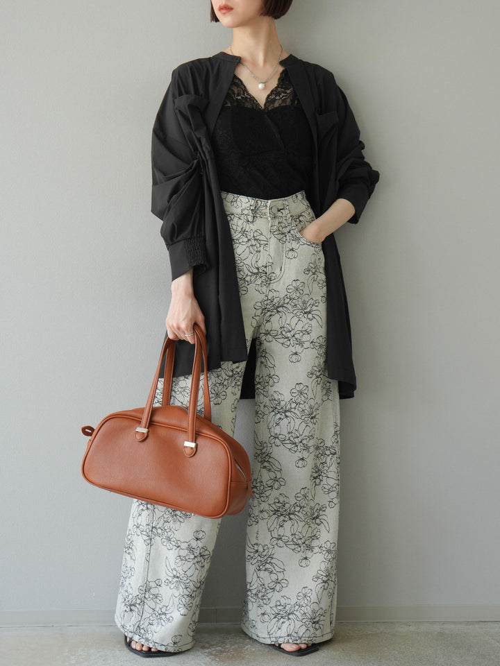 【預購】花朵提花牛仔寬褲/黑