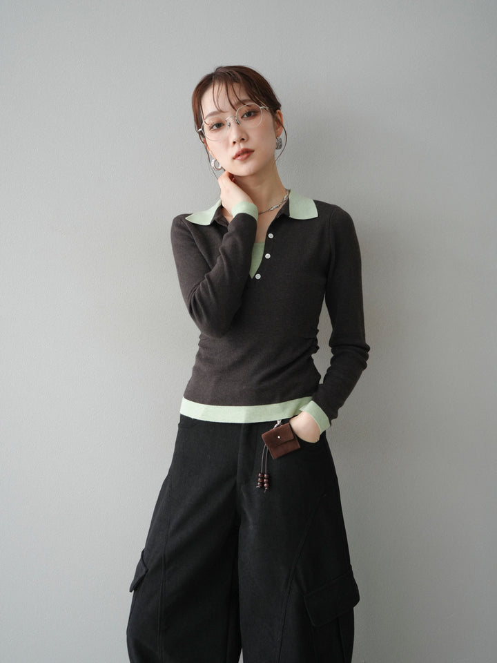 [予約]レイヤード配色ポロニットトップス/darkbrown