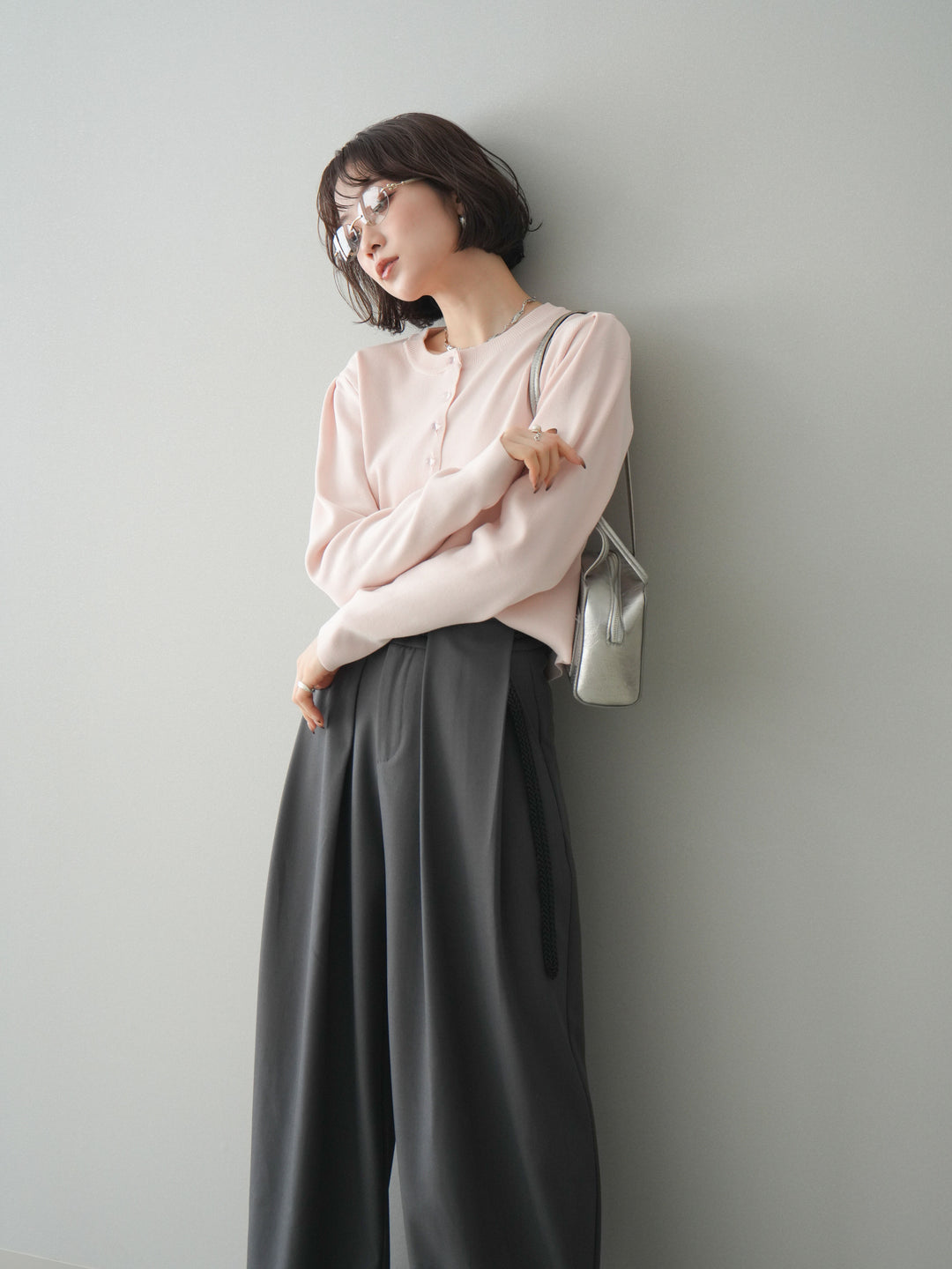 [予約]クリアボタンタックニットカーディガン/pink