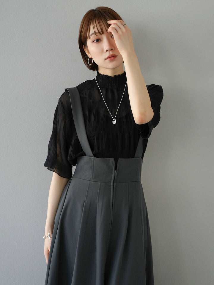 [SET] Shirring chiffon half sleeve blouse + 2WAY flare jumper skirt (2set)