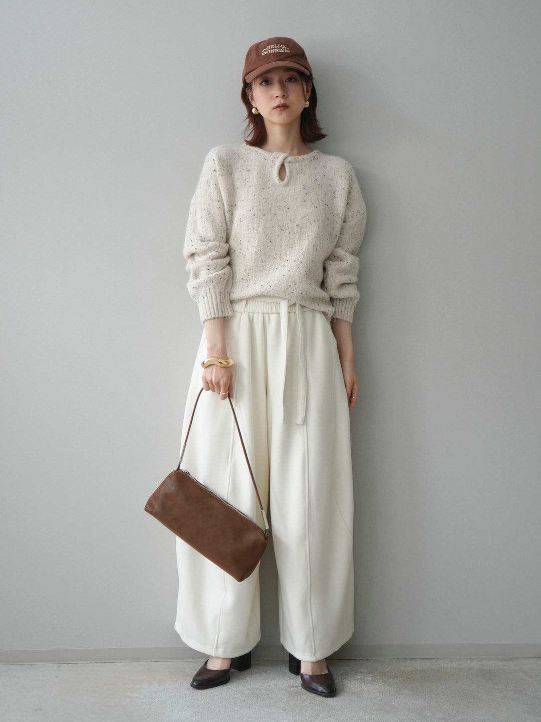 [SET]ツイストネックラメネップヤーンニットプルオーバー+ウエストベルトカーブラインスエットパンツ(2set)