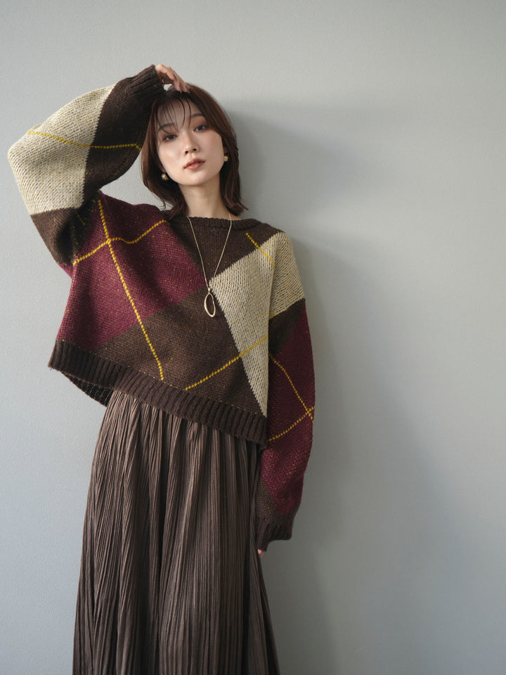 [予約]配色ステッチアーガイル柄ニットプルオーバー/brown