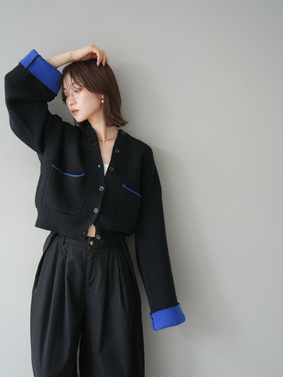 【SET】雙色針織開襟衫+褶襉設計寬褲（2套）