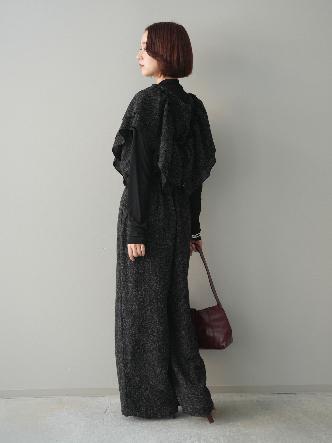 [SET]3WAYミックスツイードギャザーオールインワン+シアープチネックストレッチトップス(2set)