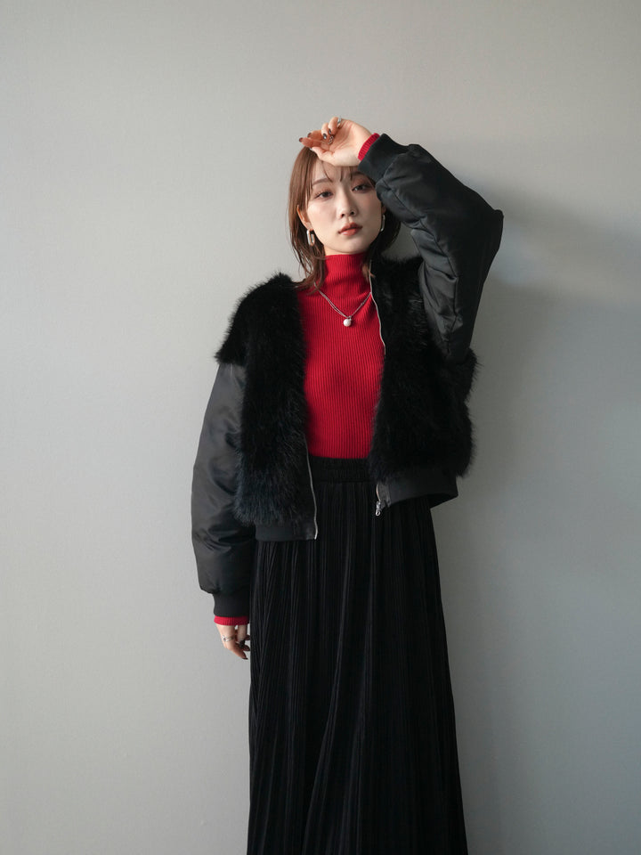 [SET]ファードッキングMA-1+袖ボタンボトルネックリブニットトップス+裾レーススウェードプリーツマキシスカート(3set)