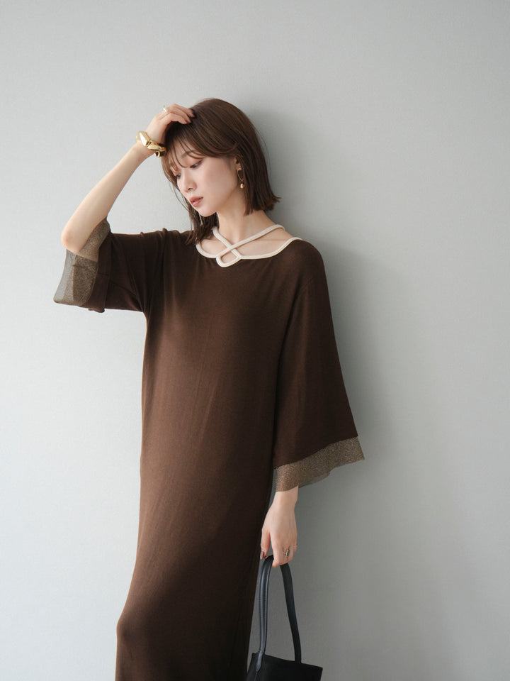 [予約]デザインネックラメシアー切替ニットワンピース/ブラウン