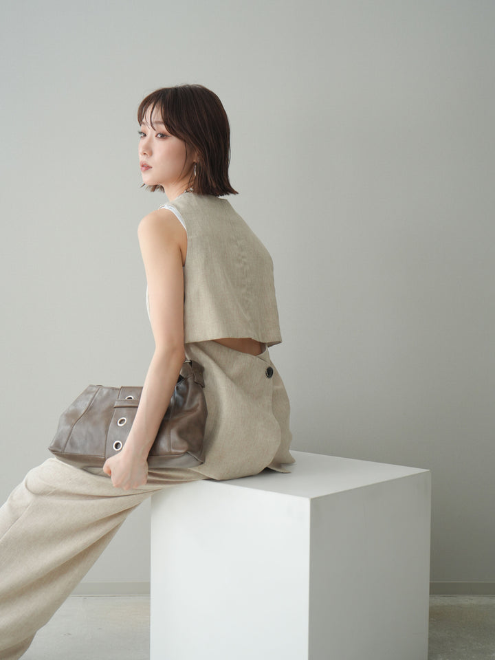 [SET]リネンライクバックオープンジレ+リネンライクタックワイドパンツ(2set)