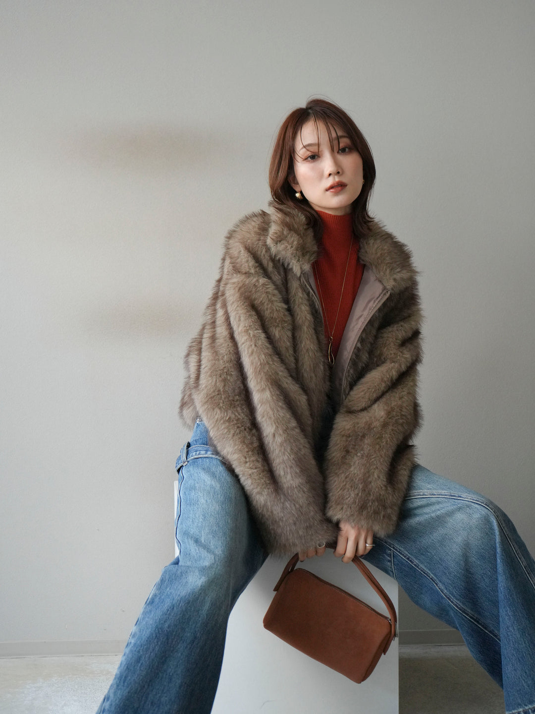 [予約]フェイクファーショートZIPジャケット/brownmix