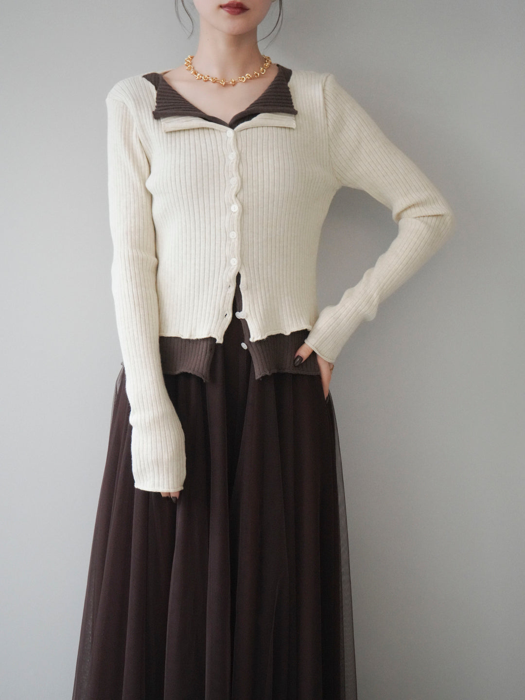 [予約]配色レイヤードリブニットカーディガン/ivory