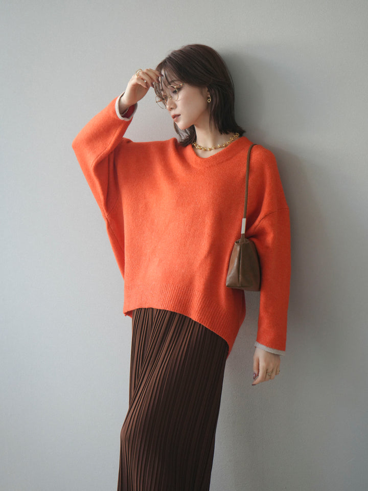 【預購】V領拼色袖針織套頭衫/橘色