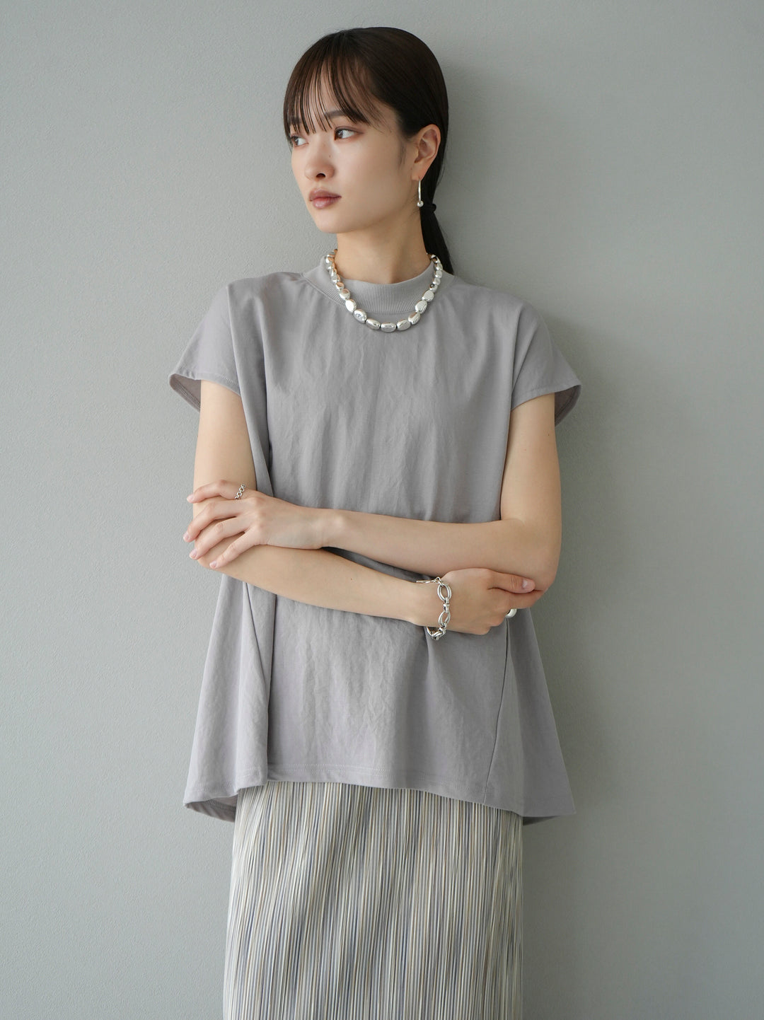[Pre-order] Cool-touch petite neck French sleeve T-shirt/gray