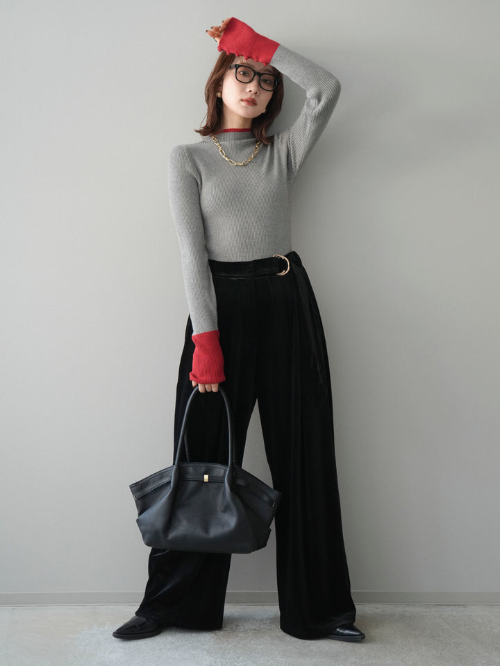 [SET]袖ボタンハイネック配色リブニットトップス+ベロアベルトスリムパンツ(2set)