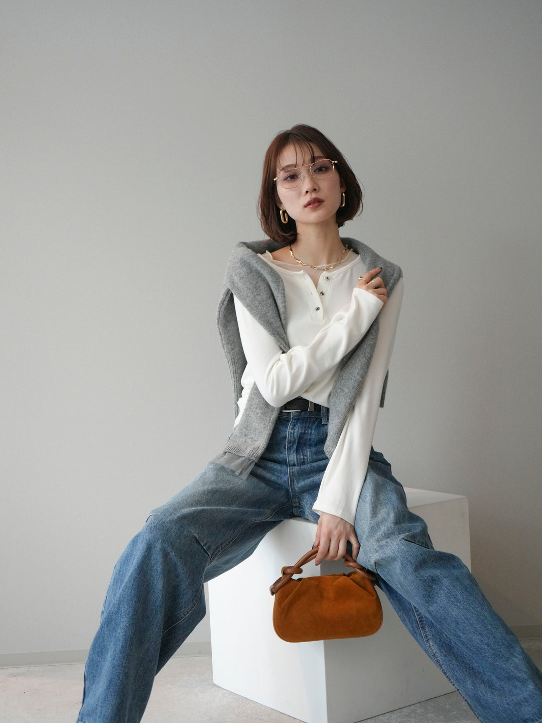 [予約]チュールレイヤードヘンリーネックカットソー/ivory