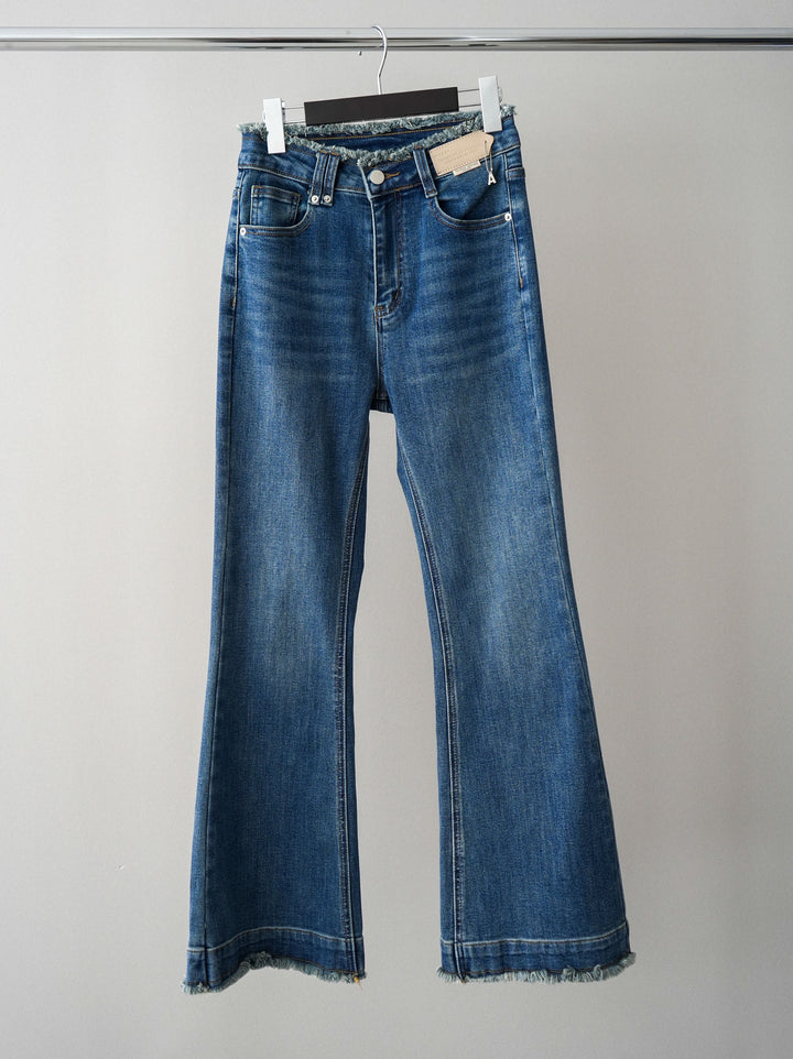 [SET]レース付ストライプウエストギャザーシャツ+フリンジデザインセミフレアデニム(2set)