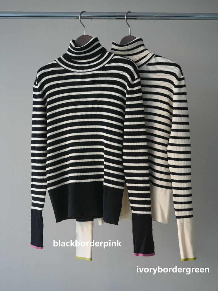 [SET]袖配色ハイネックボーダーリブニットトップス+ベルト付き裏起毛ワイドパンツ(2set)