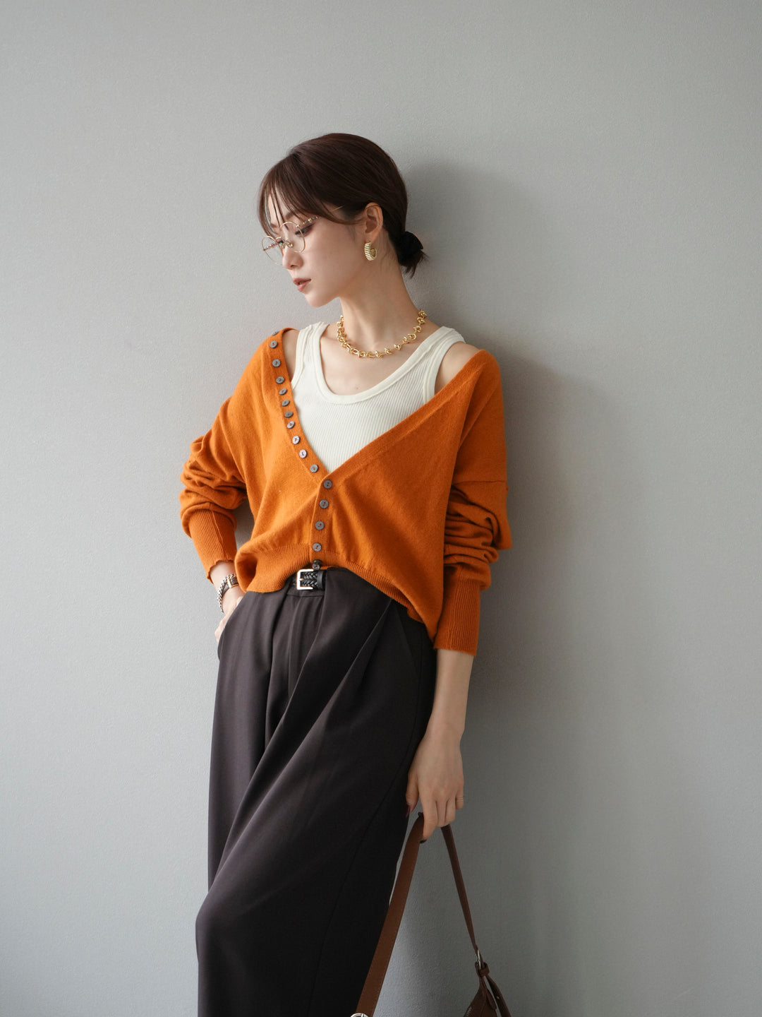 [予約]デザインボタンニットカーディガン＆タンクトップSET/オレンジ