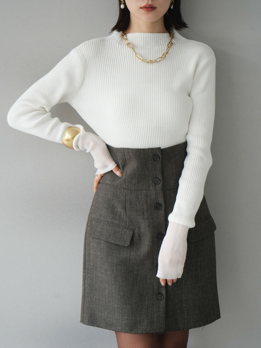 [予約]袖ラメシアー切替リブニットトップス/オフ