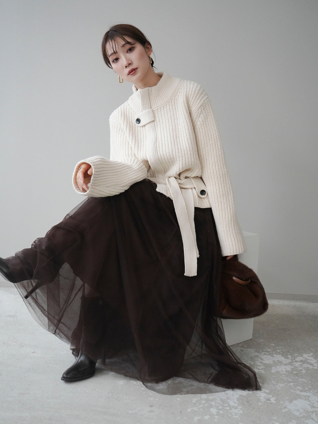 [予約]畦編みボトルネックZIPニットカーディガン/white