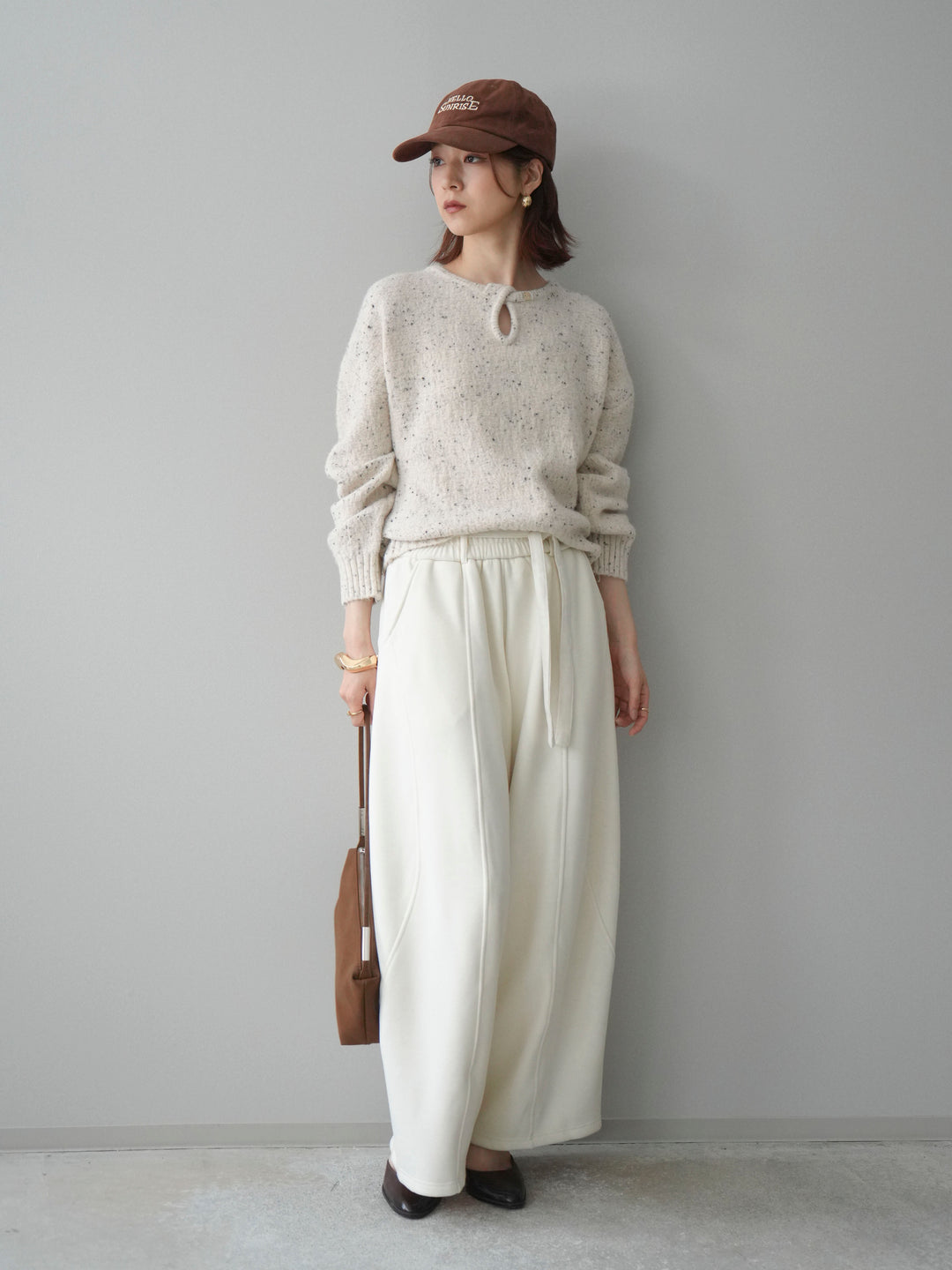 [SET]ツイストネックラメネップヤーンニットプルオーバー+ウエストベルトカーブラインスエットパンツ(2set)