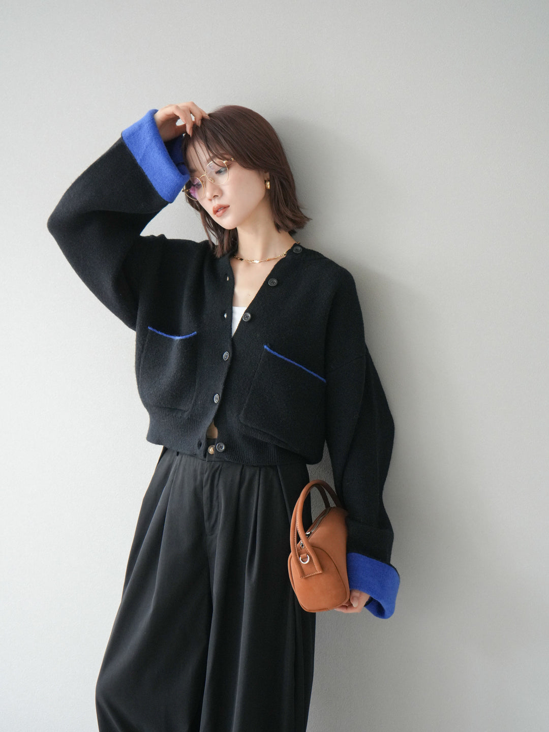 【SET】雙色針織開襟衫+褶襉設計寬褲（2套）