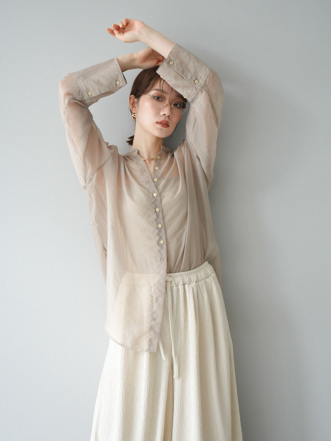 [SET] 亮面透視立領襯衫 + 柳葉寬褲 (2set)