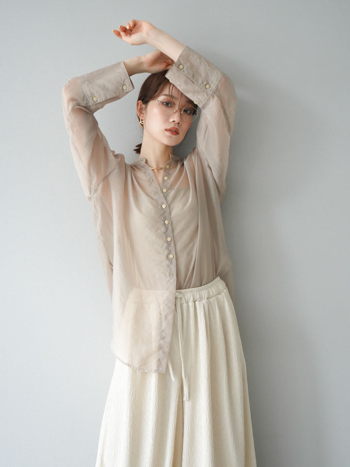 [SET] 亮面透視立領襯衫 + 柳葉寬褲 (2set)