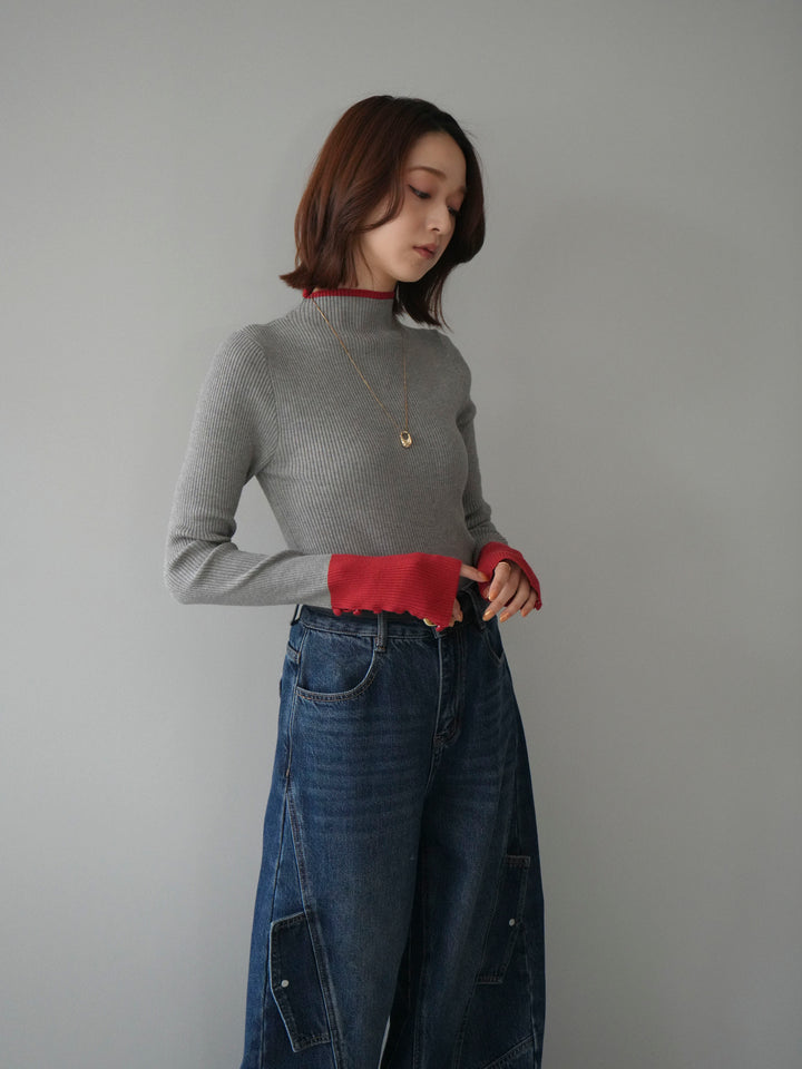 [予約]袖ボタンハイネック配色リブニットトップス/gray