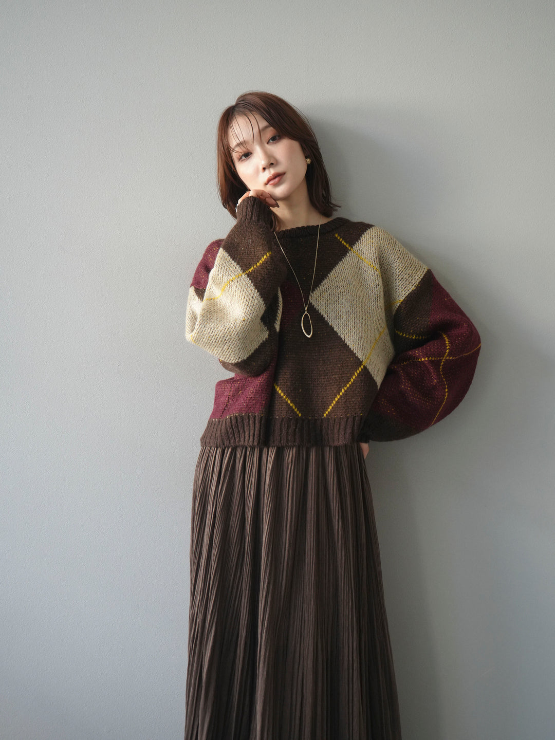 [予約]配色ステッチアーガイル柄ニットプルオーバー/brown