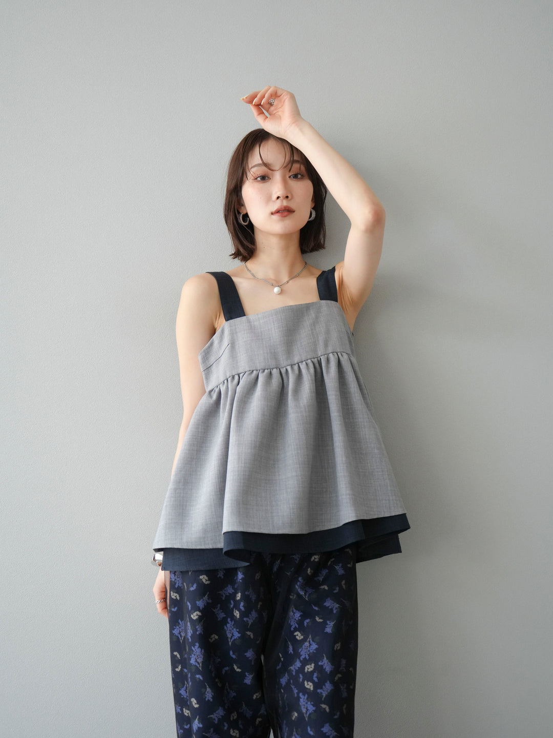 [SET]リネンライク配色フレアタンクトップ+ブーケプリントタックパンツ(2set)