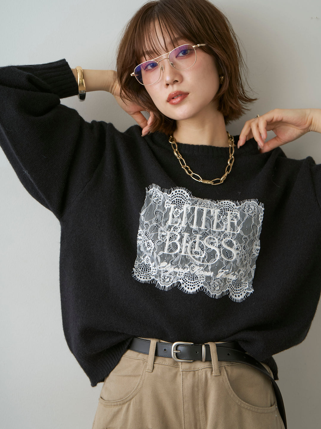 [SET]アルパカタッチ刺繍レースロゴニットプルオーバー+選べるアクセセット(2set)