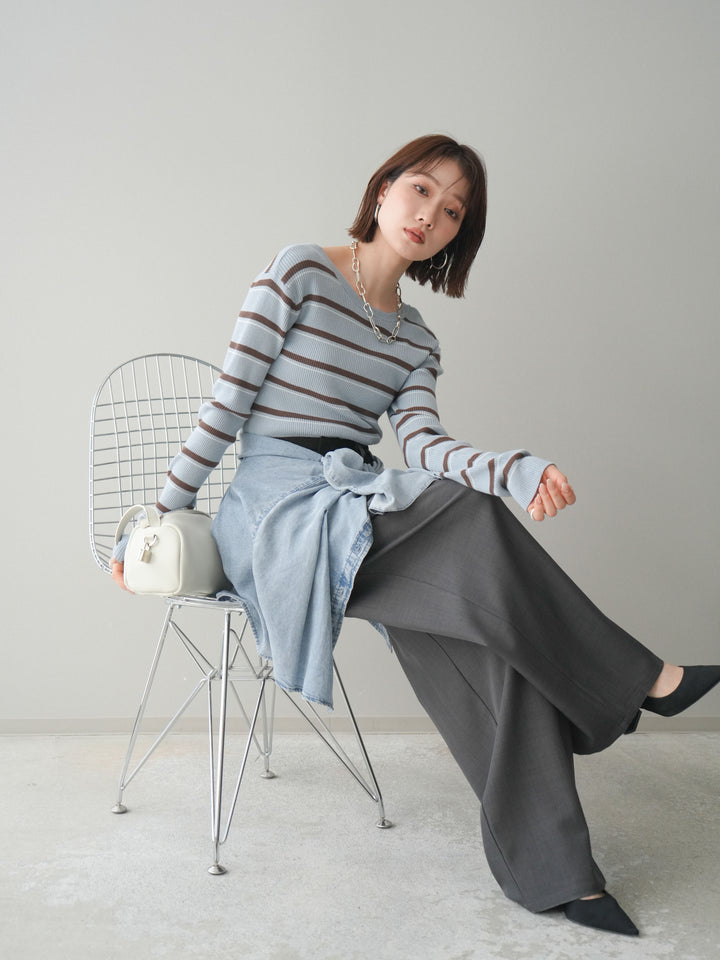 [予約]バックオープンテレコリブマルチボーダートップス/blue