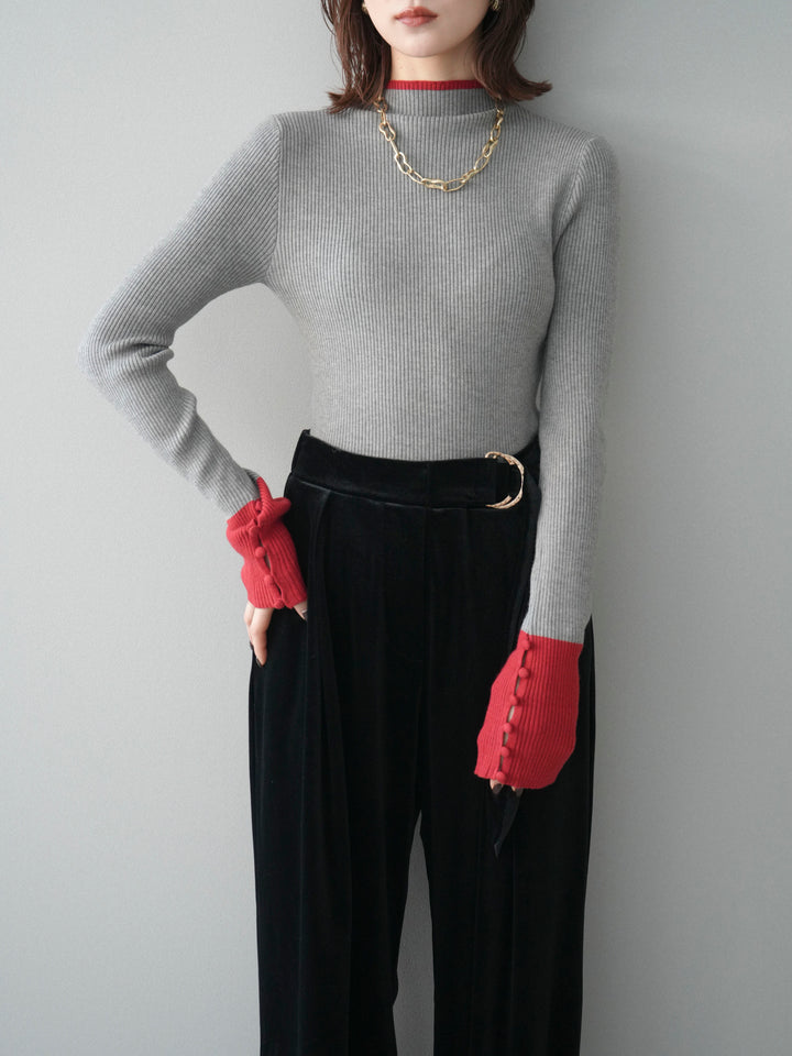 [SET]袖ボタンハイネック配色リブニットトップス+選べるアクセセット(2set)