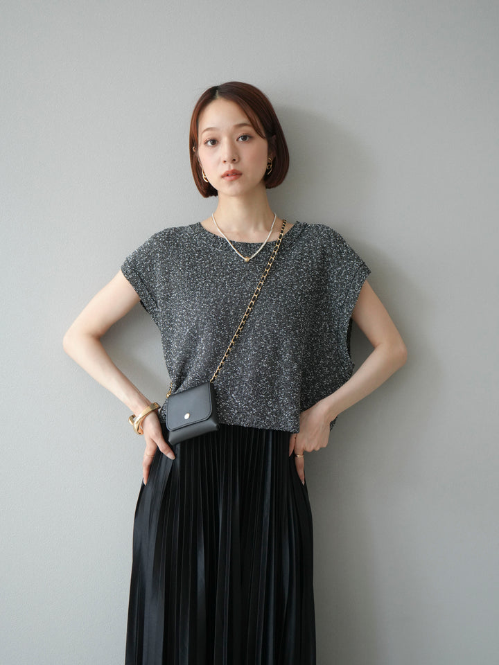 [SET]ネップヤーンクロップドニットベスト+サテンプリーツマキシスカート(2set)