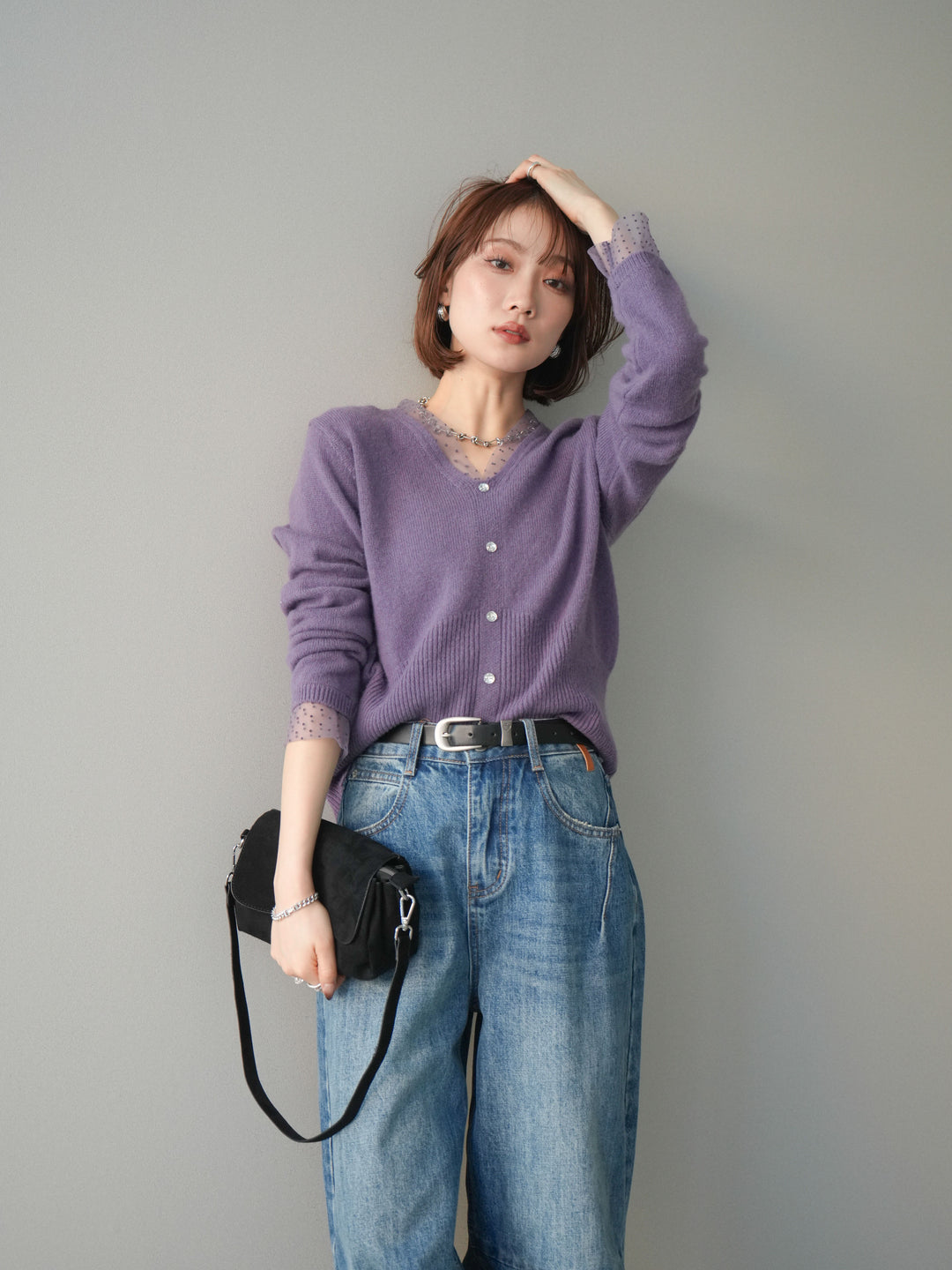 [SET]ドットチュールレイヤードボタンニットトップス+選べるアクセセット(2set)