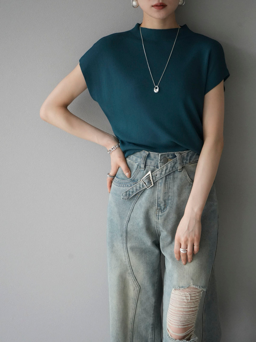 [Pre-order] Petite Neck Side Shirring Summer Knit Top/Blue