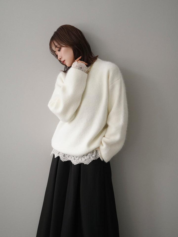 [SET]アンゴラタッチクルーネックニットプルオーバー+チュールレーストップス(2set)