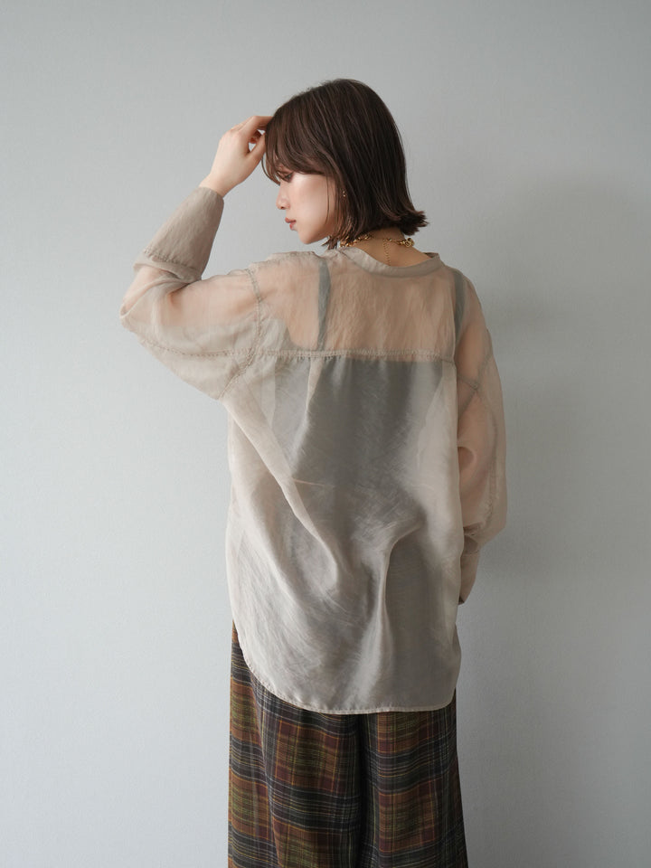 [SET] 亮面透視立領襯衫 + 透視格紋寬鬆褲 (2 件套)