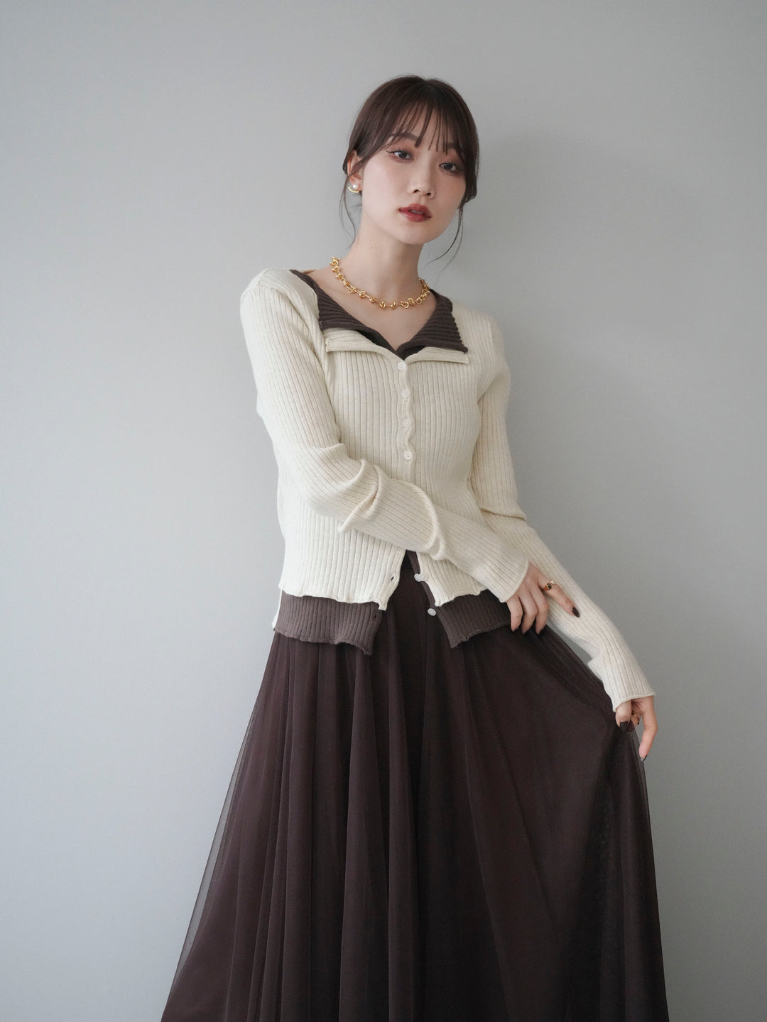 [予約]配色レイヤードリブニットカーディガン/ivory