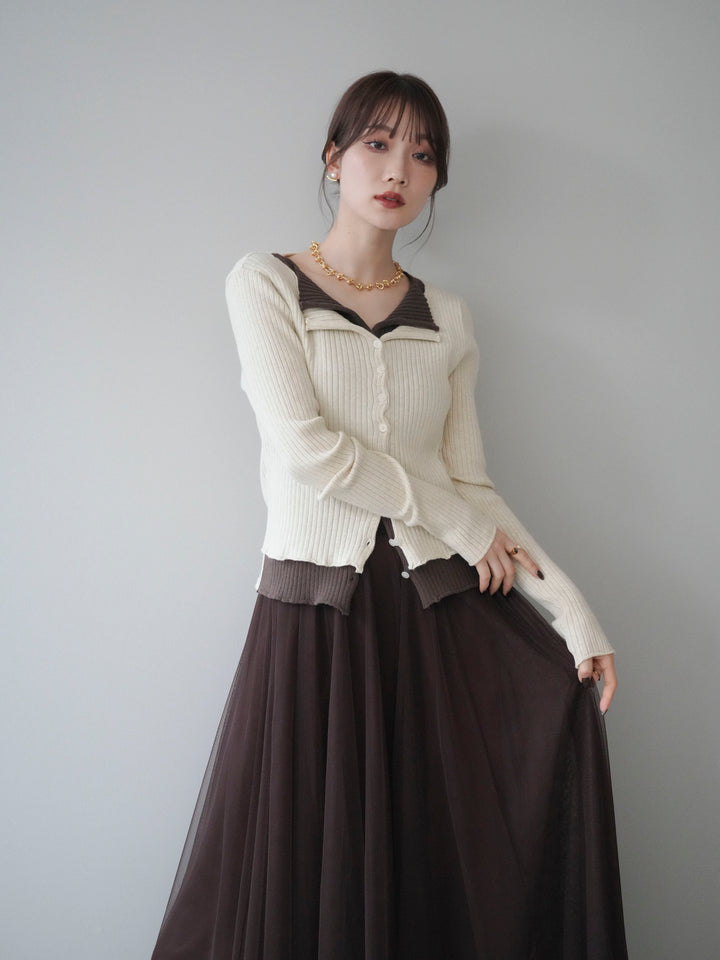 [予約]配色レイヤードリブニットカーディガン/ivory