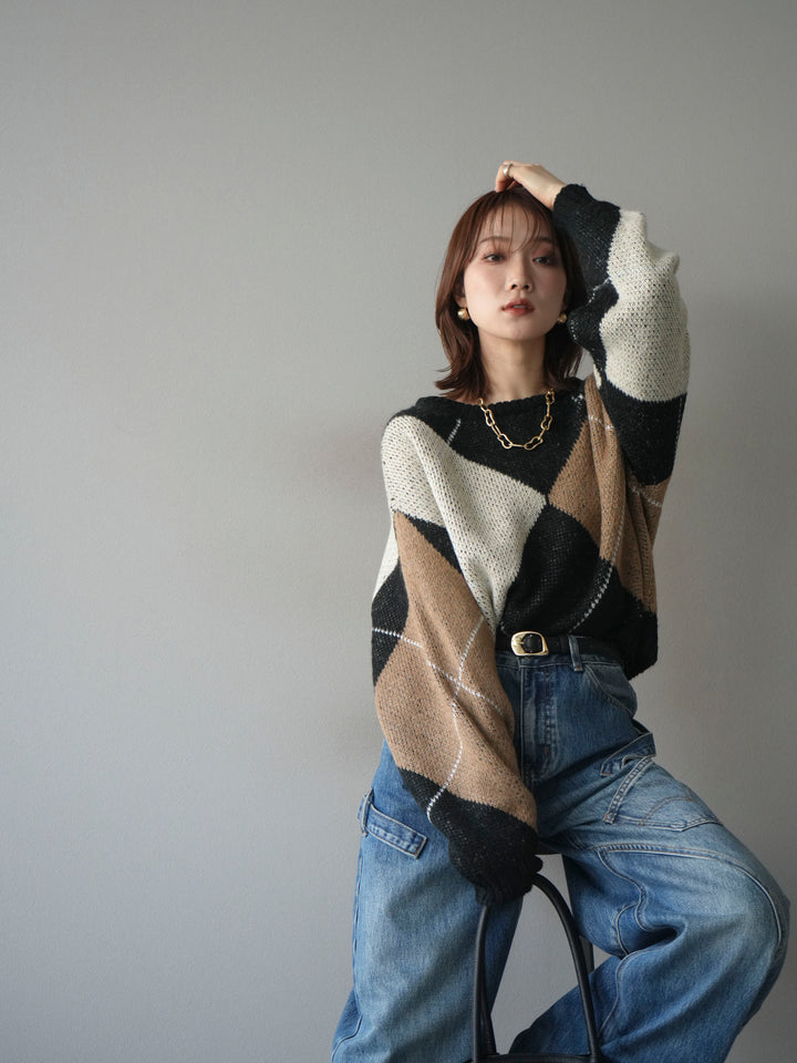 [SET]配色ステッチアーガイル柄ニットプルオーバー+配色ステッチアーガイル柄ニットプルオーバー(2set)