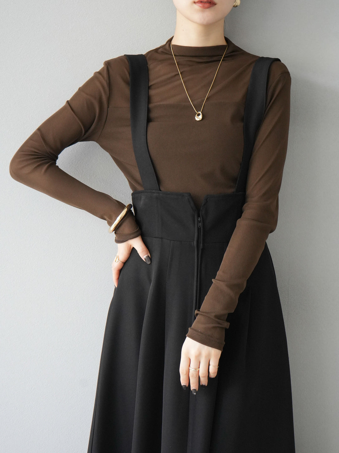 [SET]シアー切替ストレッチ長袖トップス+シアー切替ストレッチトップス(2set)