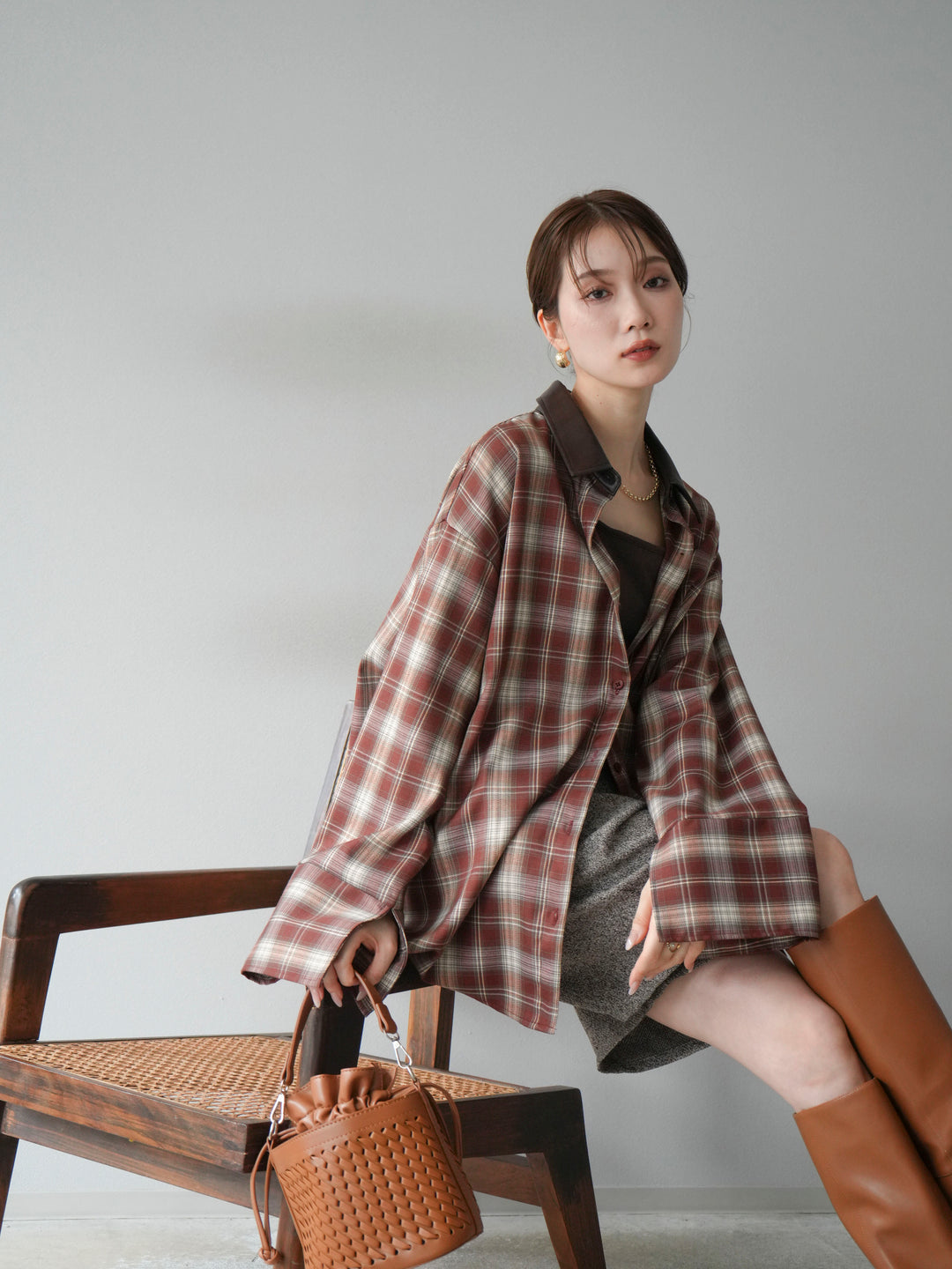 【着回しセット】[SET]レザー襟オンブレチェックオーバーシャツ +クラッシュベロアナロースカート+ツイードハーフパンツ(3set)