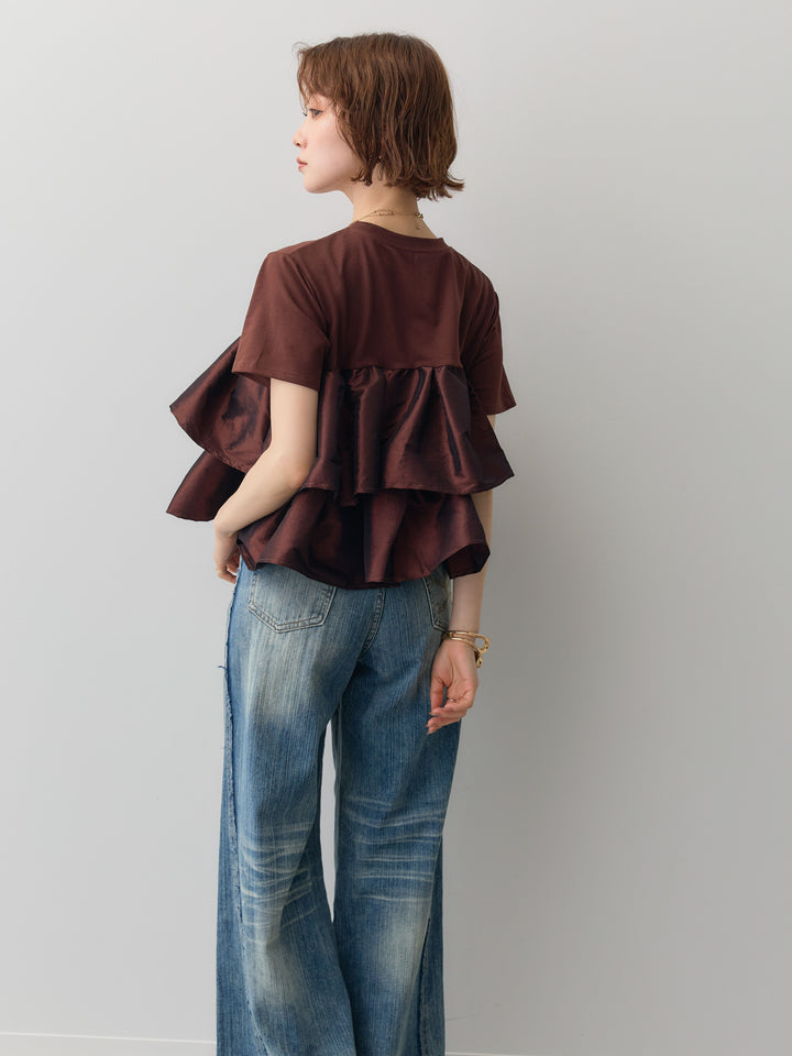 [SET]フリルティアードTEE+縦ウォッシュワイドデニムパンツ(2set)