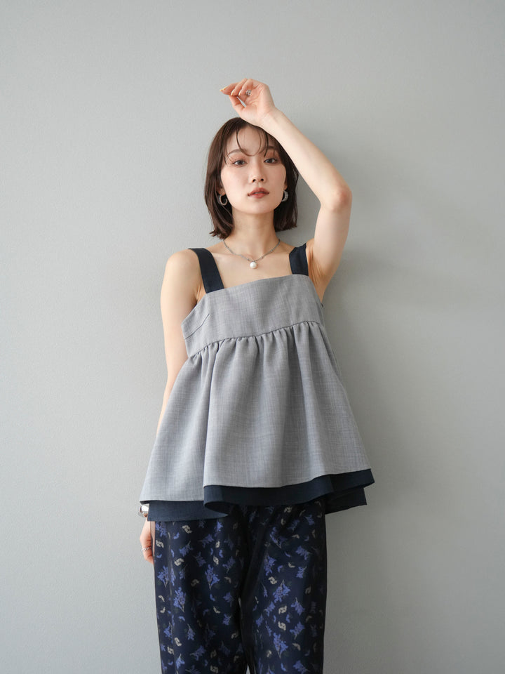 [SET]リネンライク配色フレアタンクトップ+コード刺繍チュールレイヤードパンツ+ブーケプリントタックパンツ(3set)