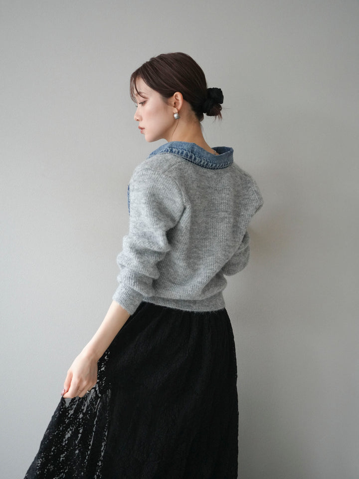 [予約]デニム襟ポケットニットカーディガン/gray