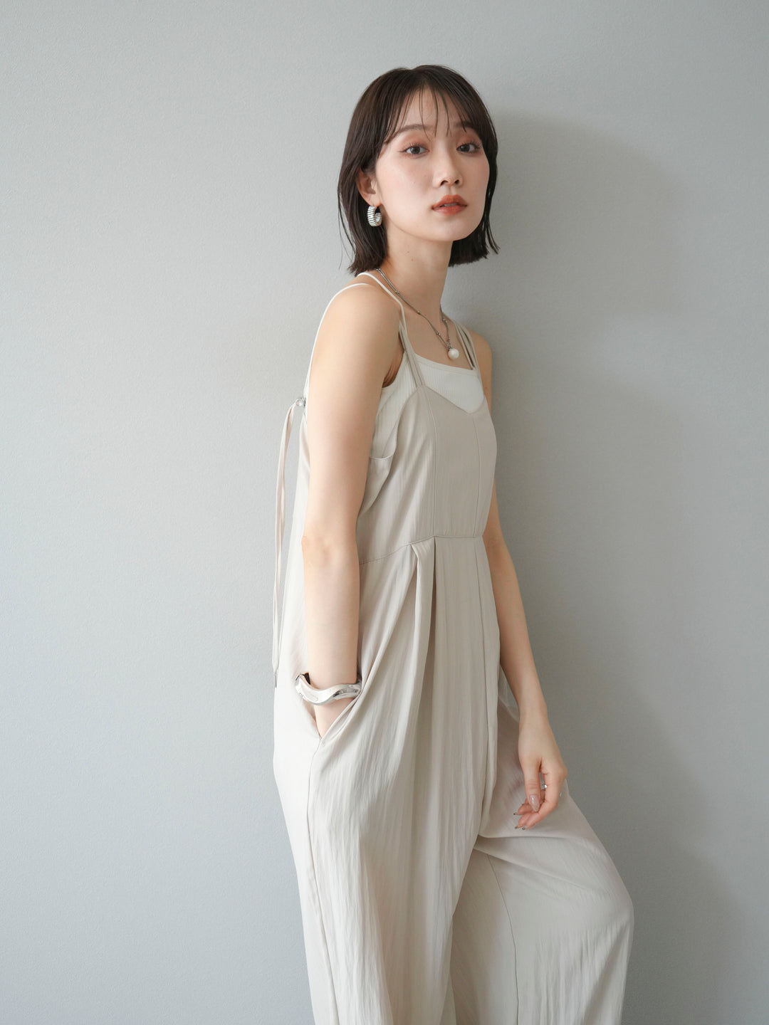 [SET]リネンライクビスチェデザインサロペット+ダブルストラップカットリブブラキャミソール(2set)