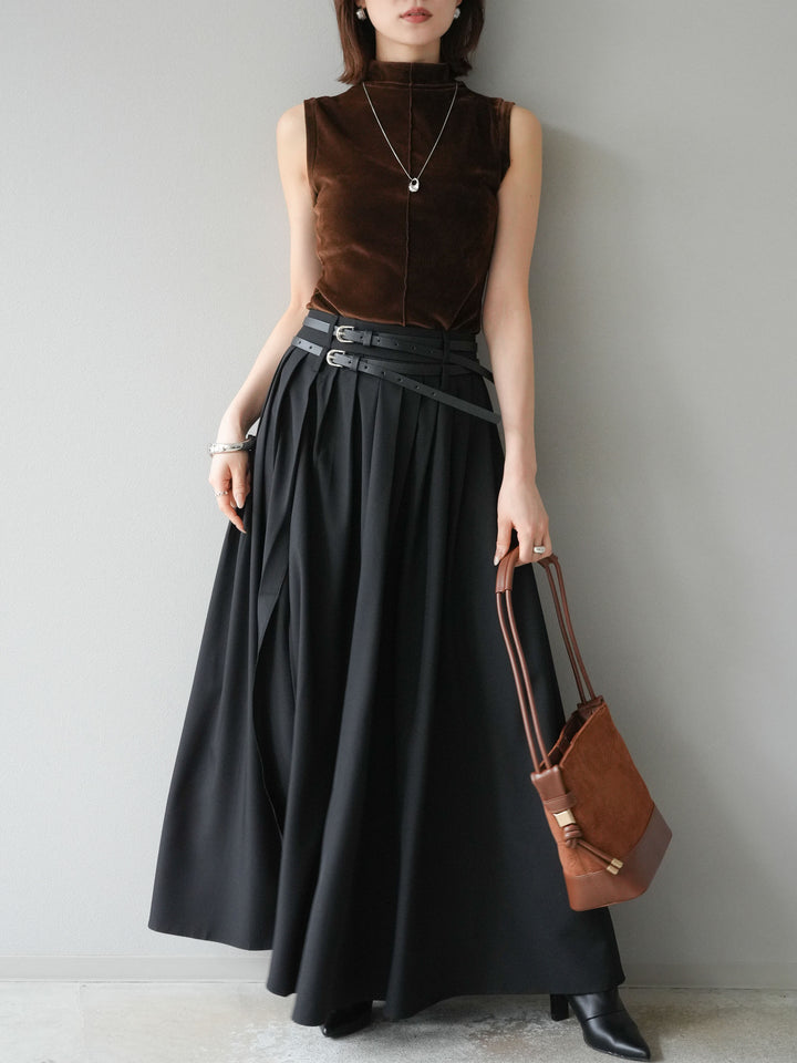 [SET]シアーベロアプチネックノースリーブトップス+エステルプリーツスリットスカート(2set)