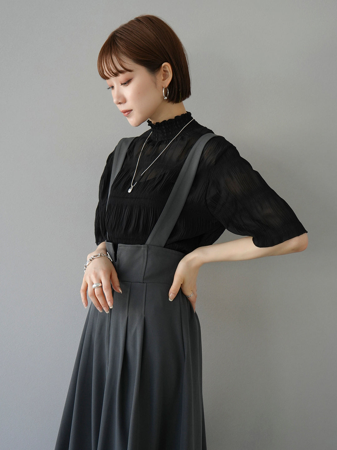 [SET] Shirring chiffon half sleeve blouse + 2WAY flare jumper skirt (2set)