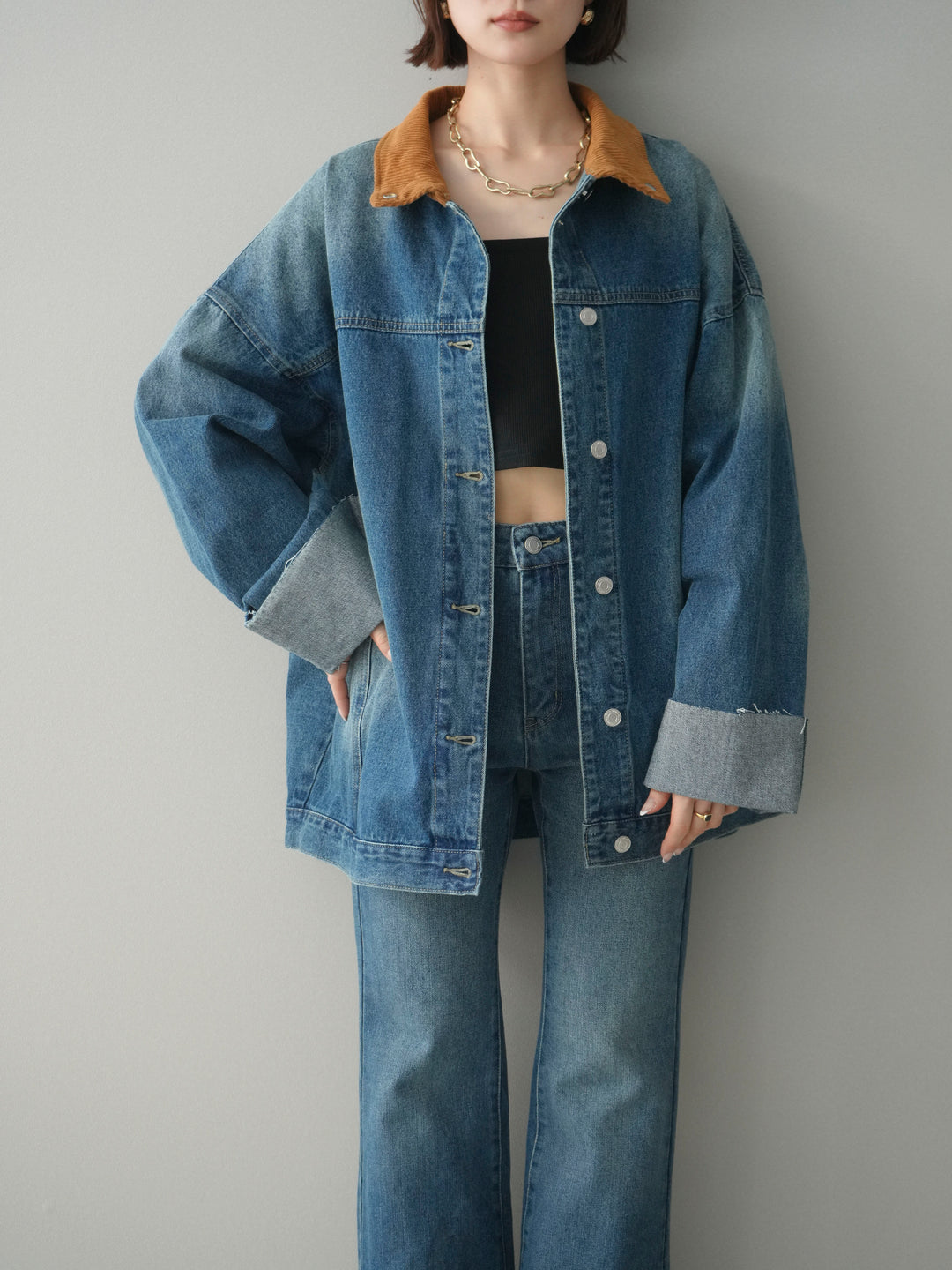 [SET]コーデュロイ×デニムミドルジャケット+フレアデニムパンツ(2set)