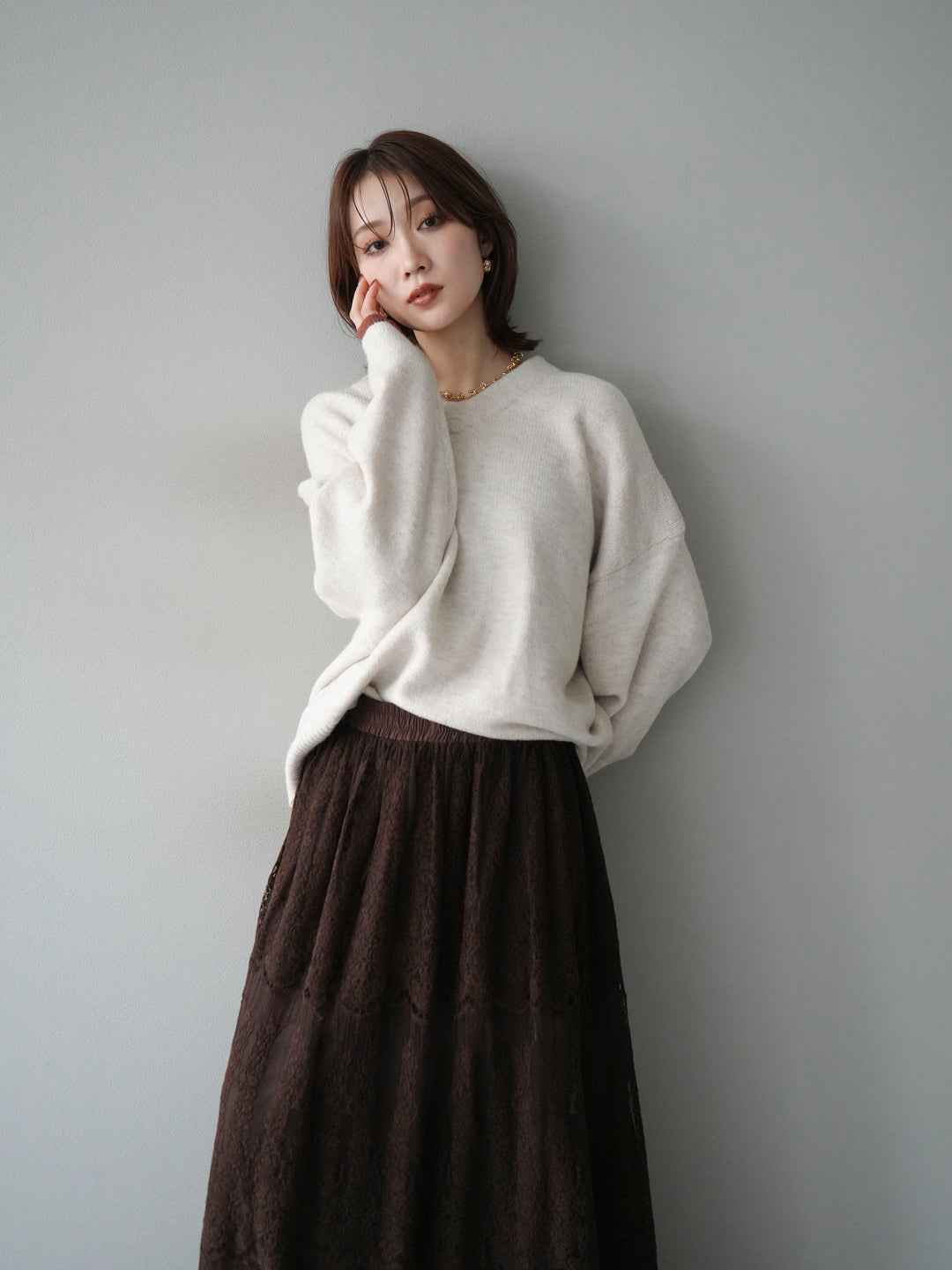 [SET]Vネック配色スリーブニットプルオーバー+選べるアクセセット(2set)